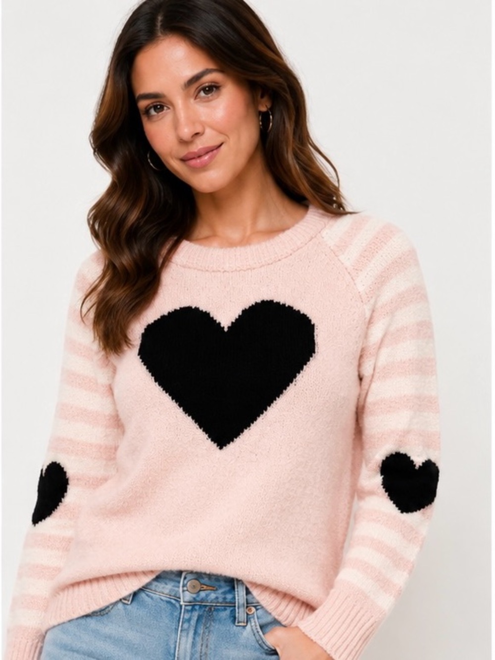 Betsey Johnson Plush Heart Sweater – Pink & Ivory Striped Sleeve Knit